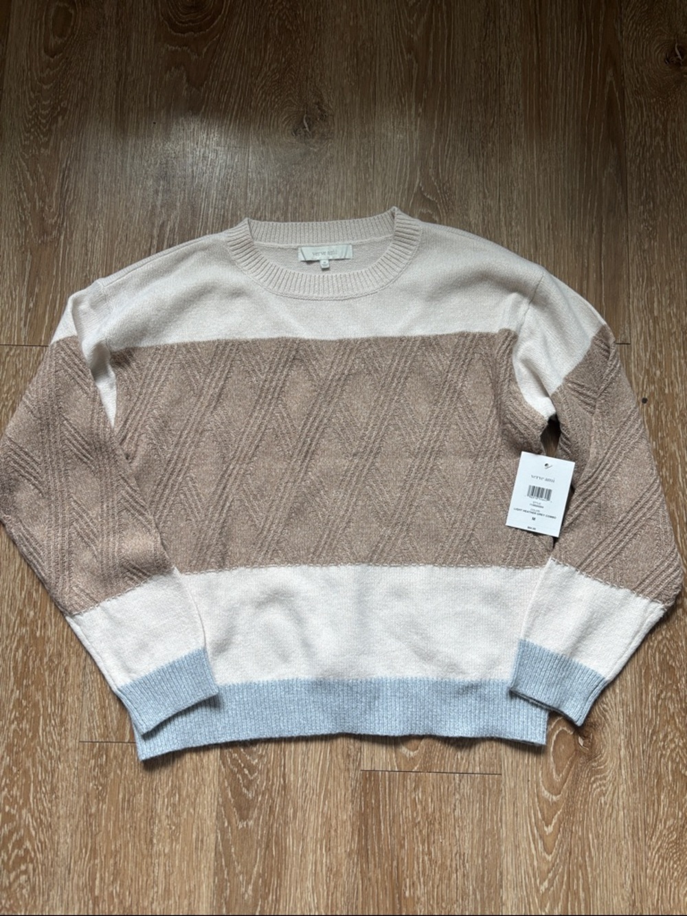 New! Verve ami cream/tan/gray colorblock crew neck sweater, Medium
